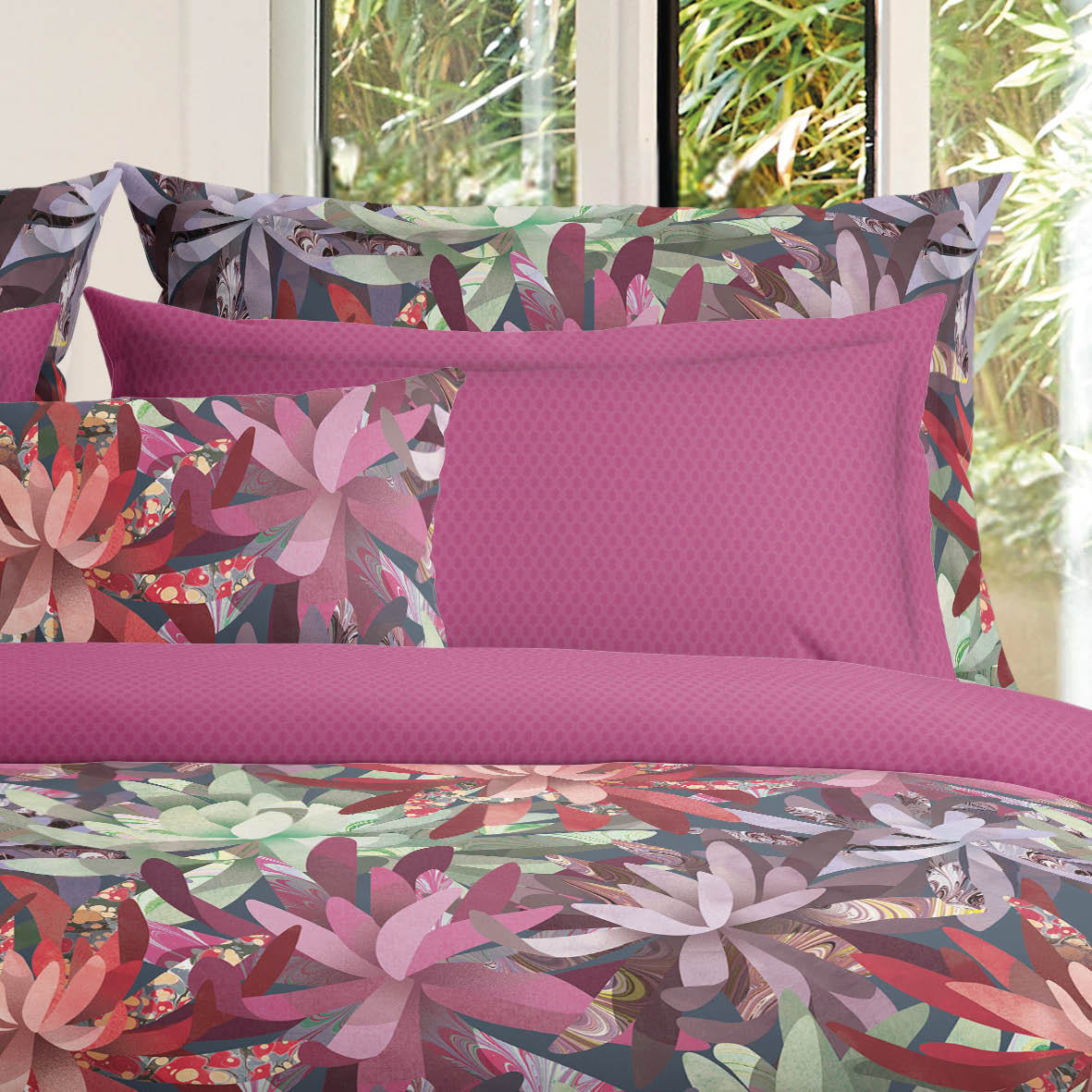 Duvet cover + pillowcase(s) cotton satin - Fleurs psychédéliques Fuchsia