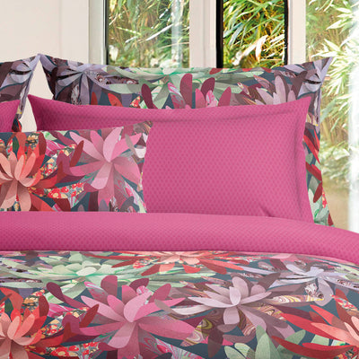 Housse de couette + taie(s) d'oreiller satin de coton - Fleurs psychédéliques Fuchsia