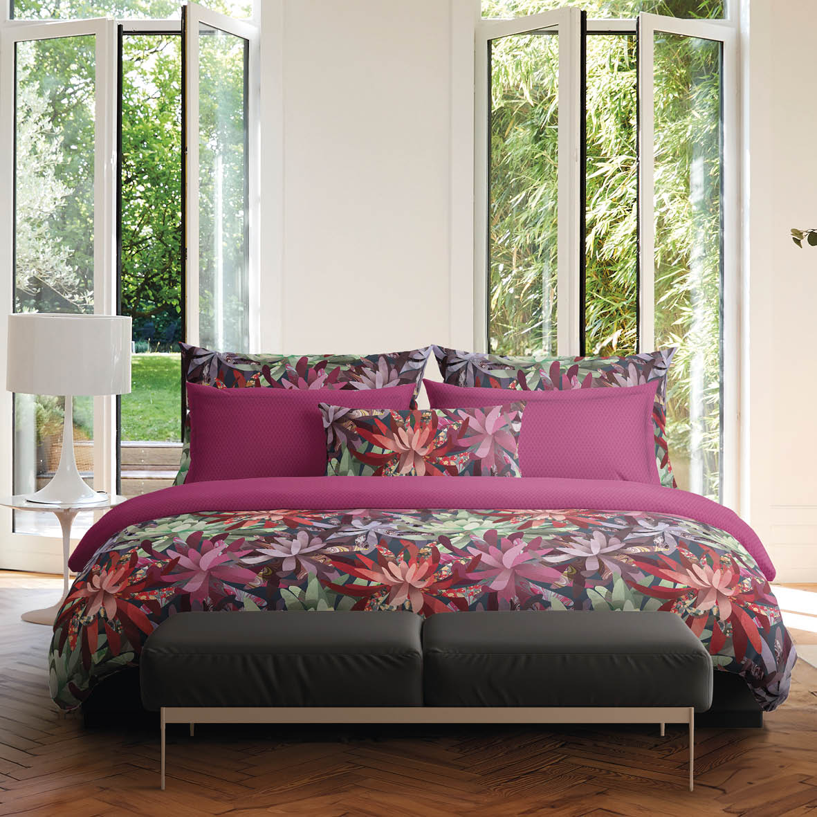 Housse de couette + taie(s) d'oreiller satin de coton - Fleurs psychédéliques Fuchsia