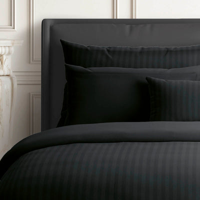 Housse de couette + taie(s) d'oreiller satin de coton rayure tissé dobby - Noir