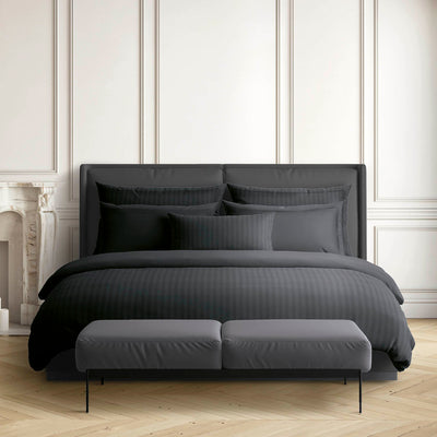 Housse de couette + taie(s) d'oreiller satin de coton rayure tissé dobby - Noir
