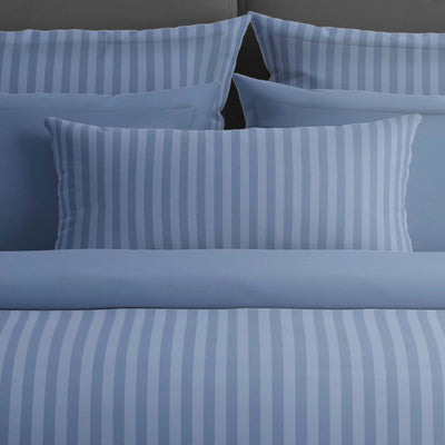 Drap plat satin de coton rayure tissé dobby - Bleu
