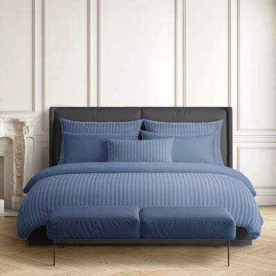 Drap plat satin de coton rayure tissé dobby - Bleu