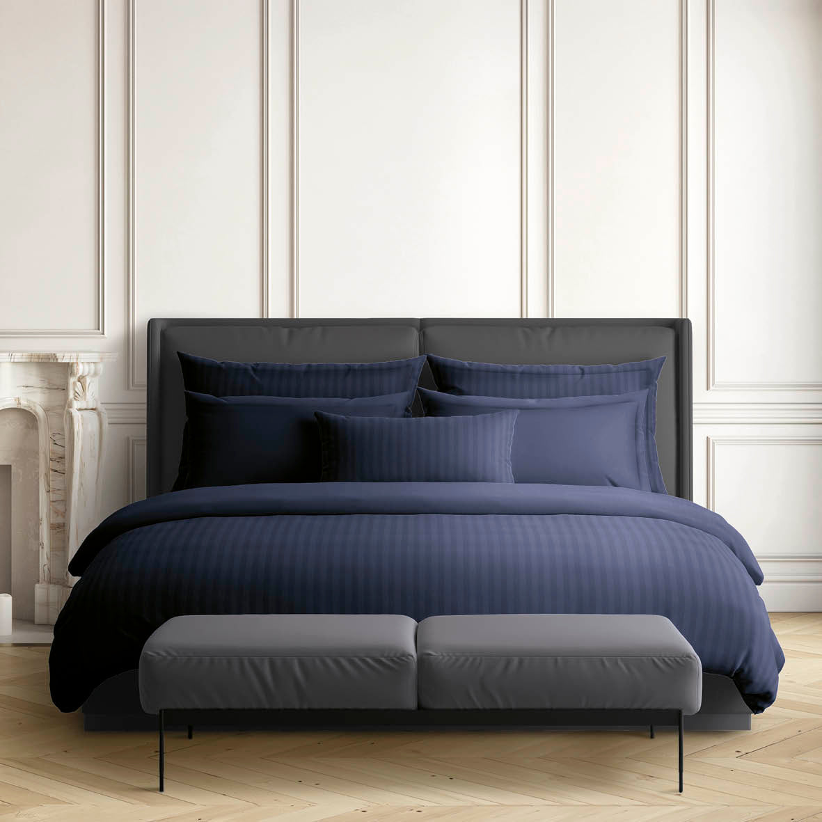 Drap plat satin de coton rayure tissé dobby - Bleu foncé
