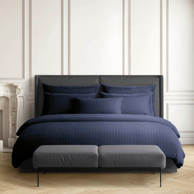 Drap plat satin de coton rayure tissé dobby - Bleu foncé