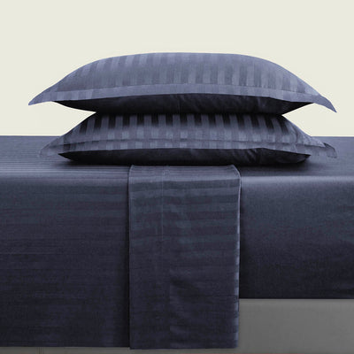 Ensemble de draps satin de coton rayure tissé dobby - Bleu foncé