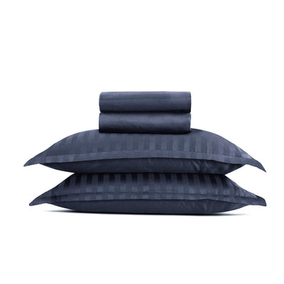 Ensemble de draps satin de coton rayure tissé dobby - Bleu foncé