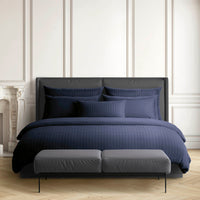 Drap plat satin de coton rayure tissé dobby - Bleu foncé
