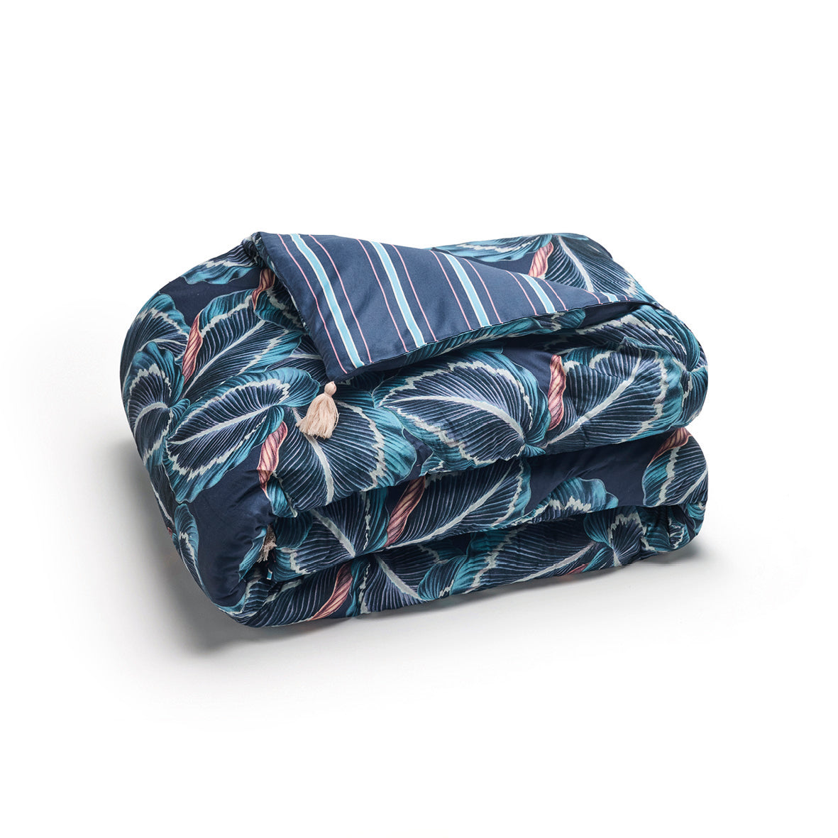 Édredon avec glands satin de coton Calathea Bleu foncé - 140 x 200 cm - 140 x 200 cm