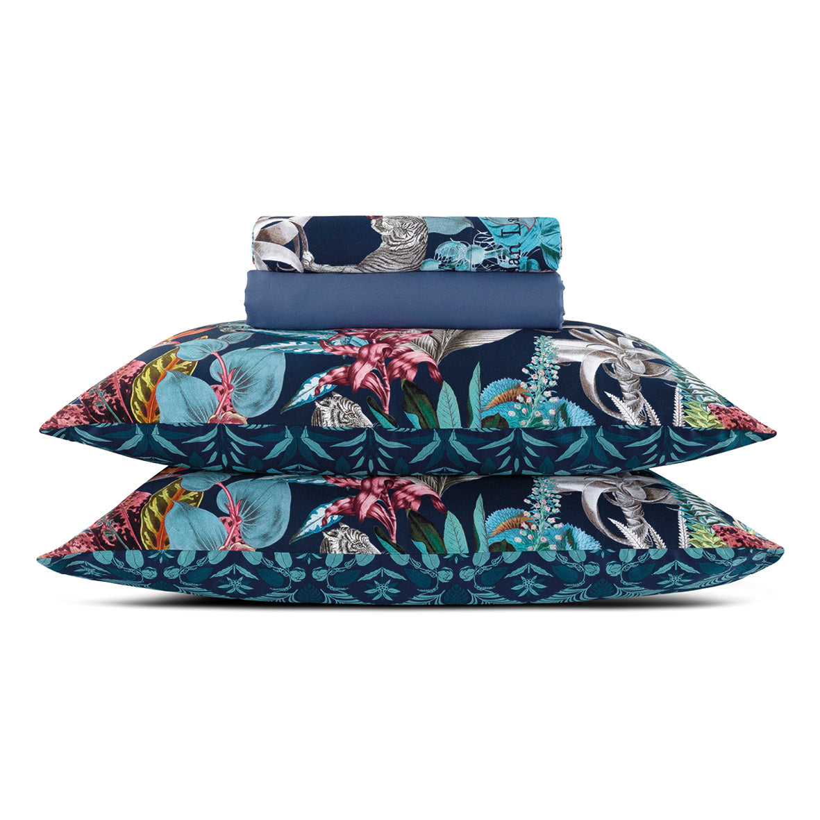 Ensemble de draps : drap-housse, drap plat, taie(s) d'oreiller en satin de coton - dessin Zanzibar bleu - CXL by Christian Lacroix Maison