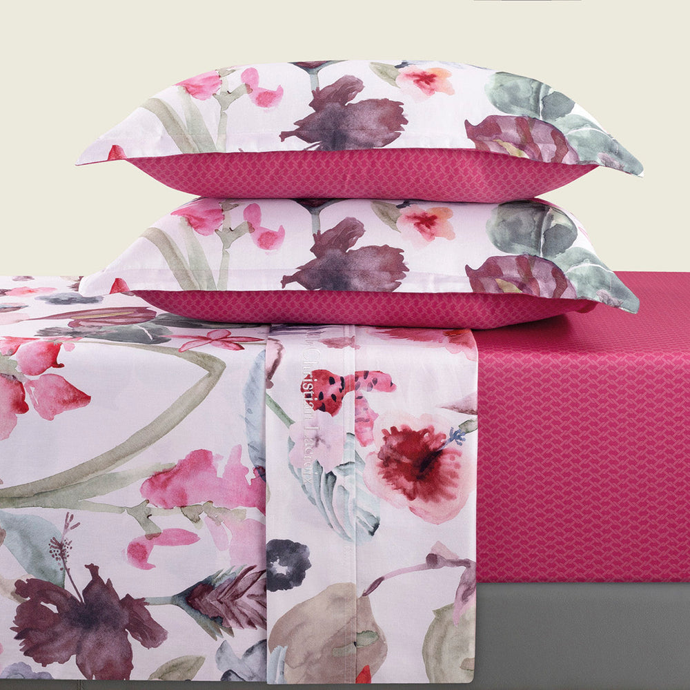 Ensemble de draps : drap-housse, drap plat, taie(s) d'oreiller en satin de coton - dessin Exotique Framboise - CXL by Christian Lacroix Maison