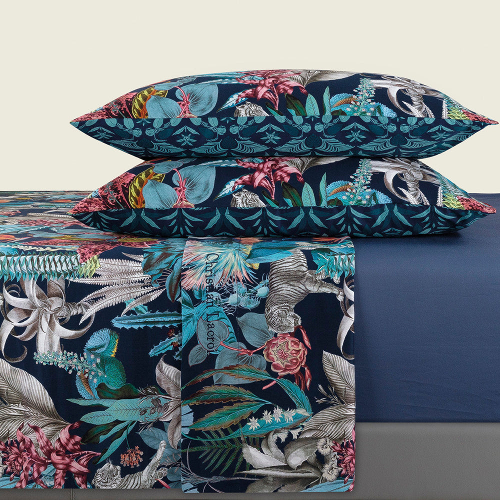 Ensemble de draps : drap-housse, drap plat, taie(s) d'oreiller en satin de coton - dessin Zanzibar bleu - CXL by Christian Lacroix Maison