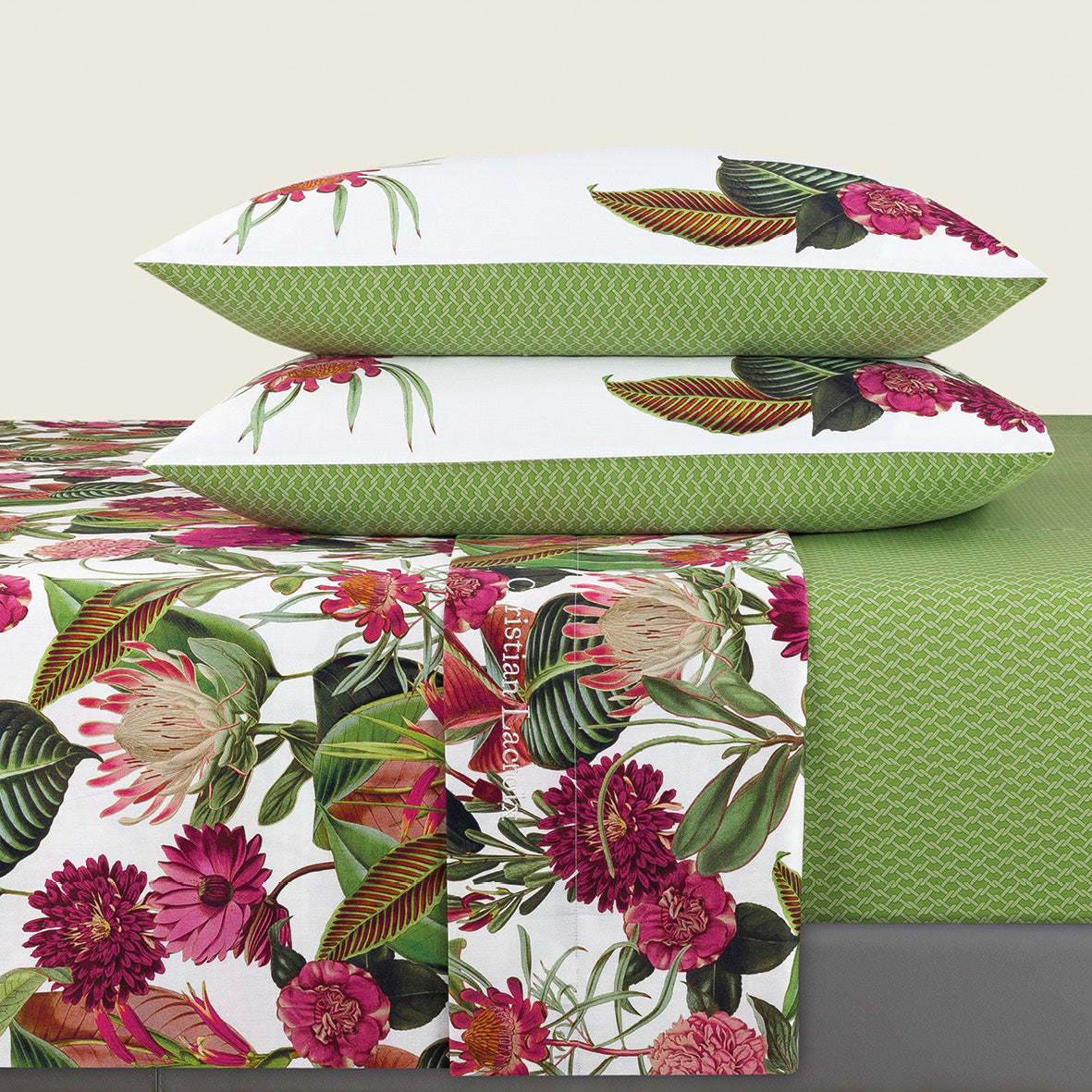 Ensemble de draps : drap-housse, drap plat, taie(s) d'oreiller en satin de coton - dessin Garden Vert - CXL by Christian Lacroix Maison