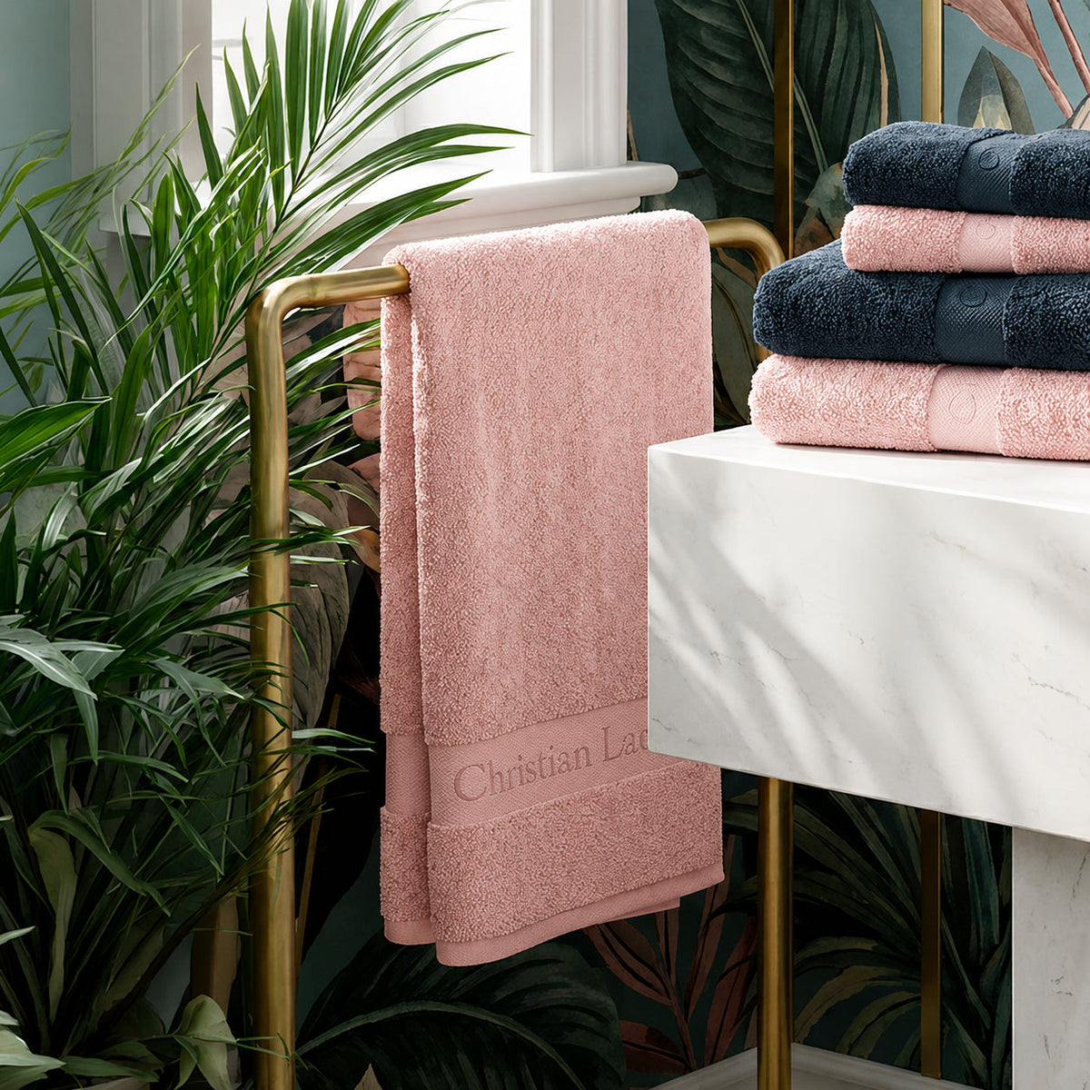 Ensemble de linge de bain 6 pièces (serviettes, drap de bain, lavettes + tapis) - 100 % coton peigné - Azur - CXL by Christian Lacroix Maison