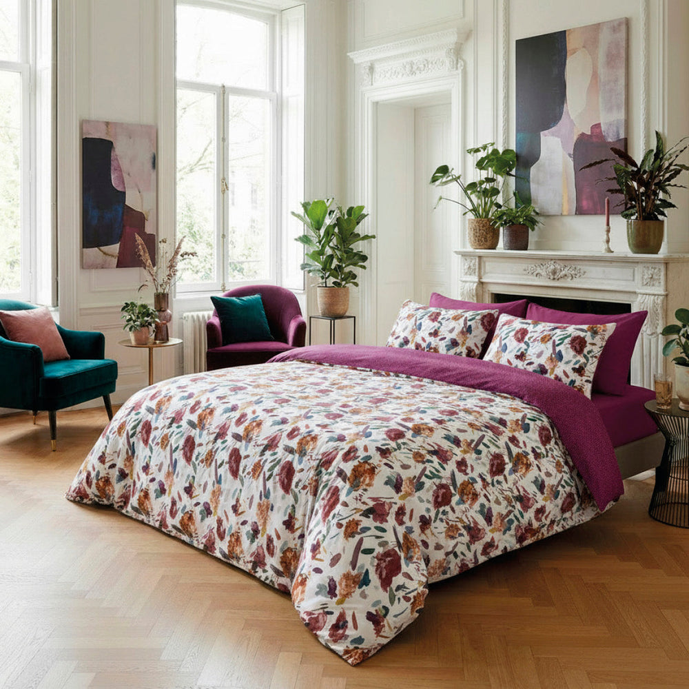 Housse de couette + taie d’oreiller satin de coton - Arty flowers Blanc