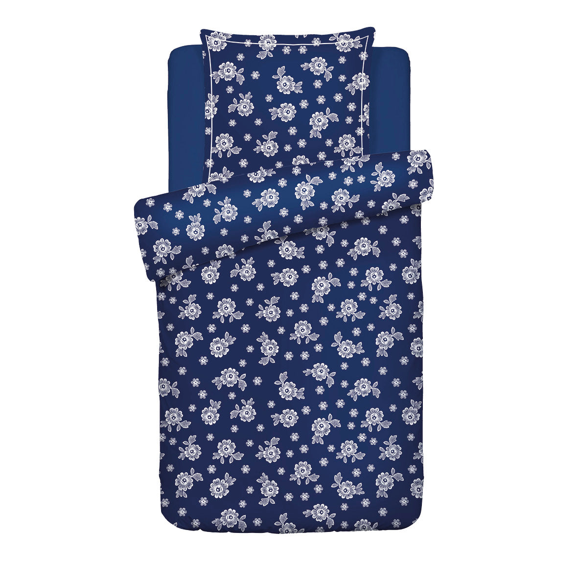 Housse de couette + taie d’oreiller satin de coton - Blossom Bleu foncé - 135 x 200 cm + 80 x 80 cm