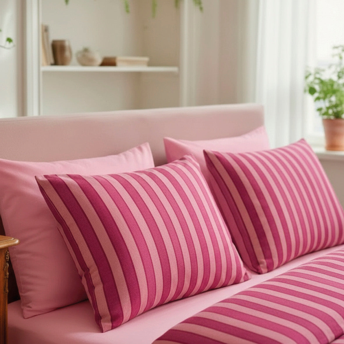 Housse de couette + taie d’oreiller satin de coton - Faisceau Rose