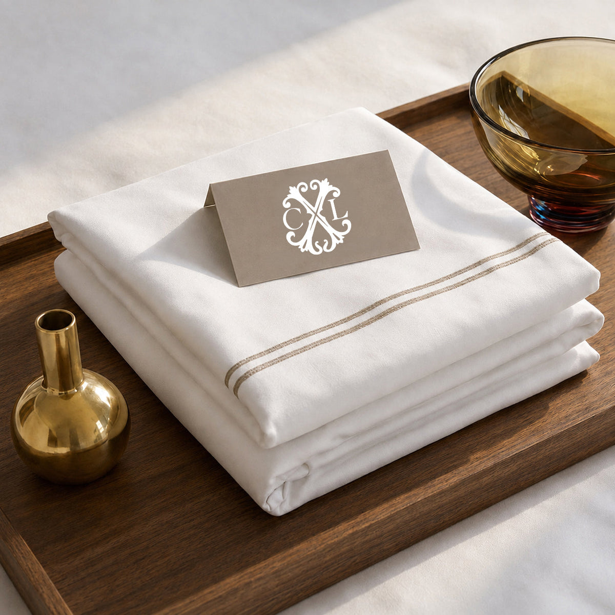 Housse de couette + taie d'oreiller satin de coton - Nîmes Taupe / Blanc - CXL by Christian Lacroix Maison