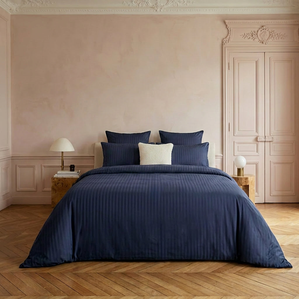 Housse de couette + taie(s) d'oreiller en satin de coton - Bleu foncé rayé - 160 x 210 cm + 2 x (50 x 70 cm) - CXL by Christian Lacroix Maison