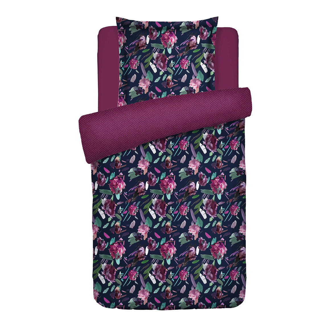 Housse de couette + taie(s) d’oreiller satin de coton - Arty flowers bleu foncé - 135 x 200 cm + 80 x 80 cm