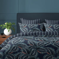Housse de couette + taie(s) d’oreiller satin de coton - Calathea bleu foncé