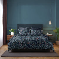 Housse de couette + taie(s) d’oreiller satin de coton - Calathea bleu foncé