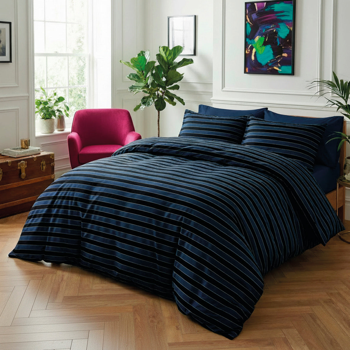 Housse de couette + taie(s) d’oreiller satin de coton - Eclipse bleu foncé
