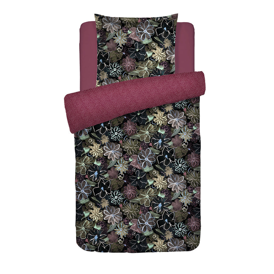 Housse de couette + taie(s) d'oreiller satin de coton - Fleurs pastel noir