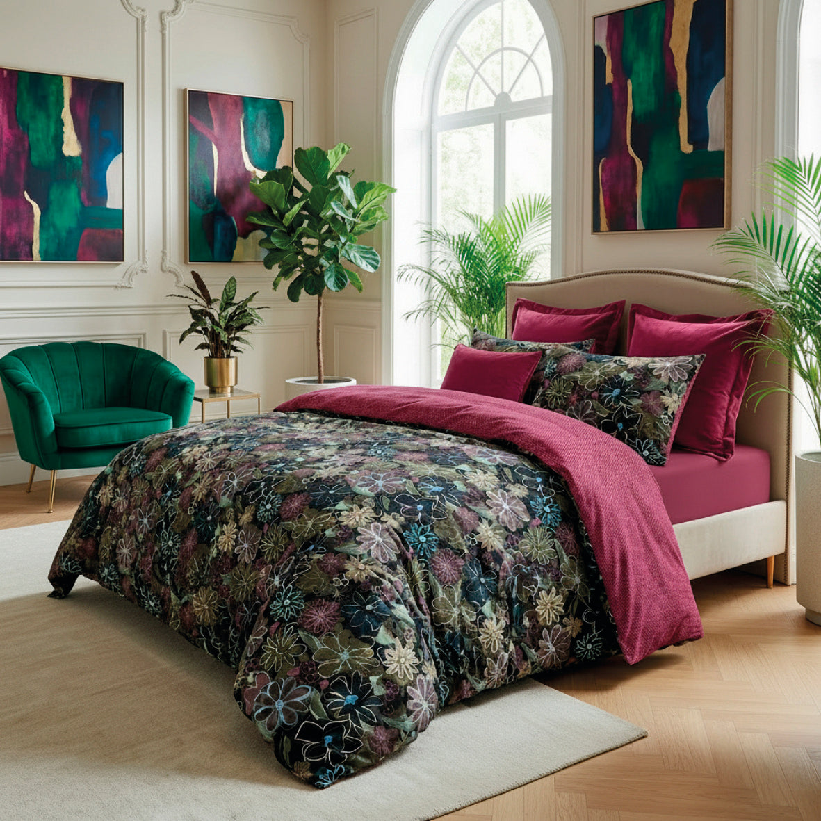 Housse de couette + taie(s) d’oreiller satin de coton - Fleurs pastel noir