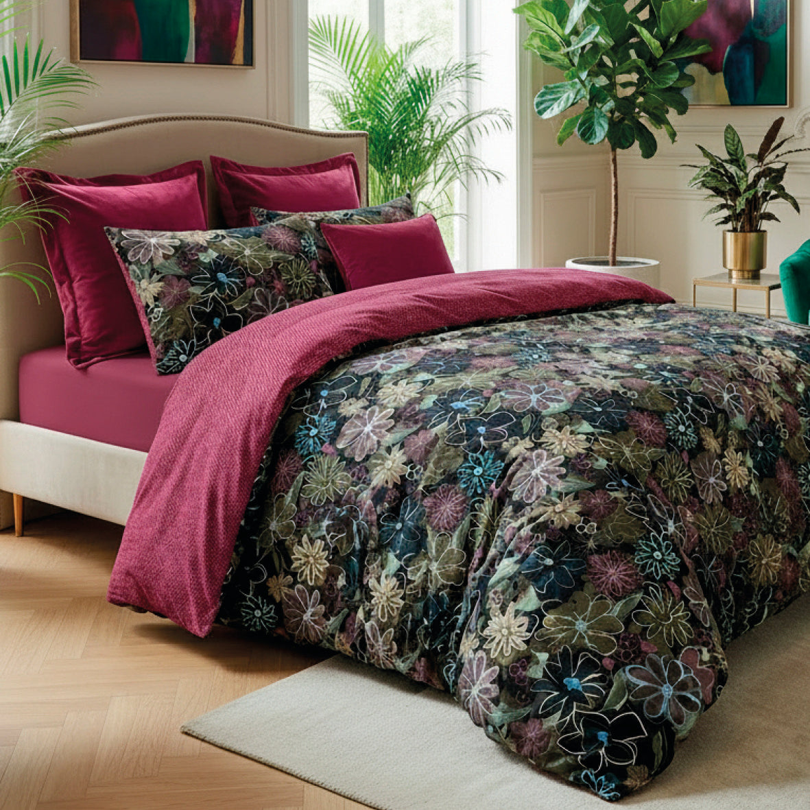 Housse de couette + taie(s) d’oreiller satin de coton - Fleurs pastel noir