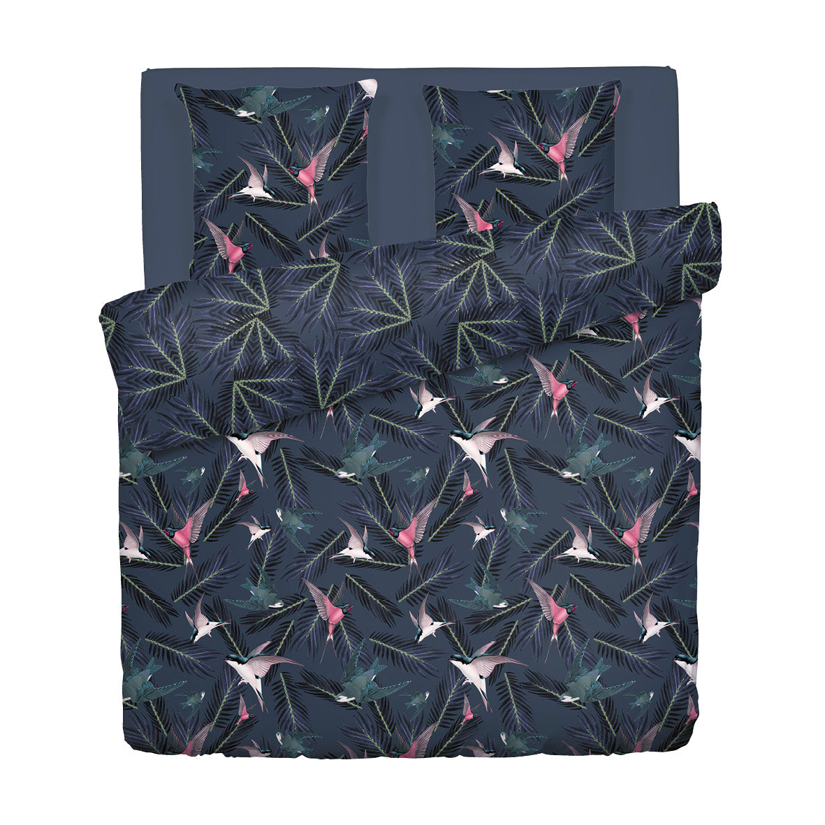 Housse de couette + taie(s) d'oreiller satin de coton - Hirondelles Bleu - 240 x 220 cm + 2 x (63 x 63 cm)