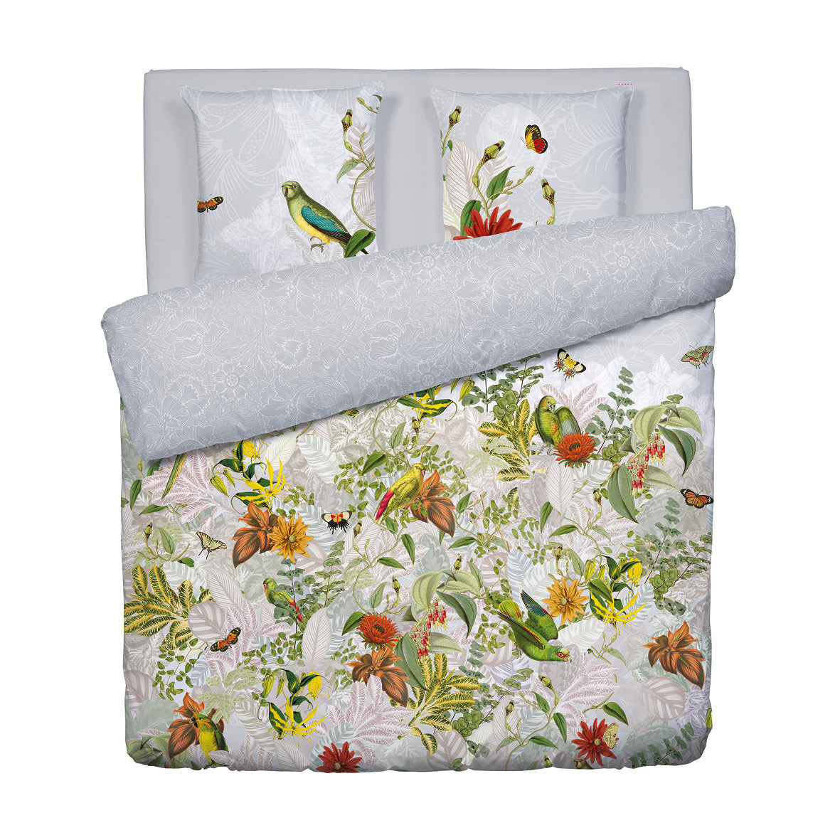 Housse de couette + taie(s) d'oreiller satin de coton - Jardin d'hiver gris perle - 240 x 220 cm + 2 x (63 x 63 cm)