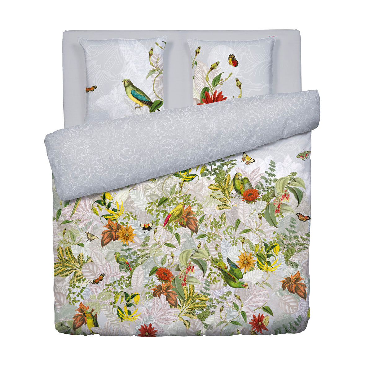 Housse de couette + taie(s) d'oreiller satin de coton - Jardin d'hiver gris perle - 240 x 220 cm + 2 x (80 x 80 cm)