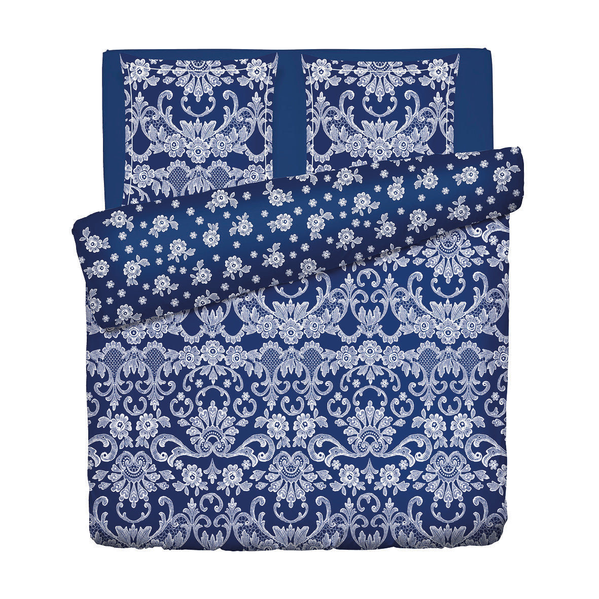 Housse de couette + taie(s) d’oreiller satin de coton - Passementerie bleu - 200 x 220 cm + 2 x (80 x 80 cm)