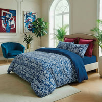 Housse de couette + taie(s) d’oreiller satin de coton - Passementerie bleu