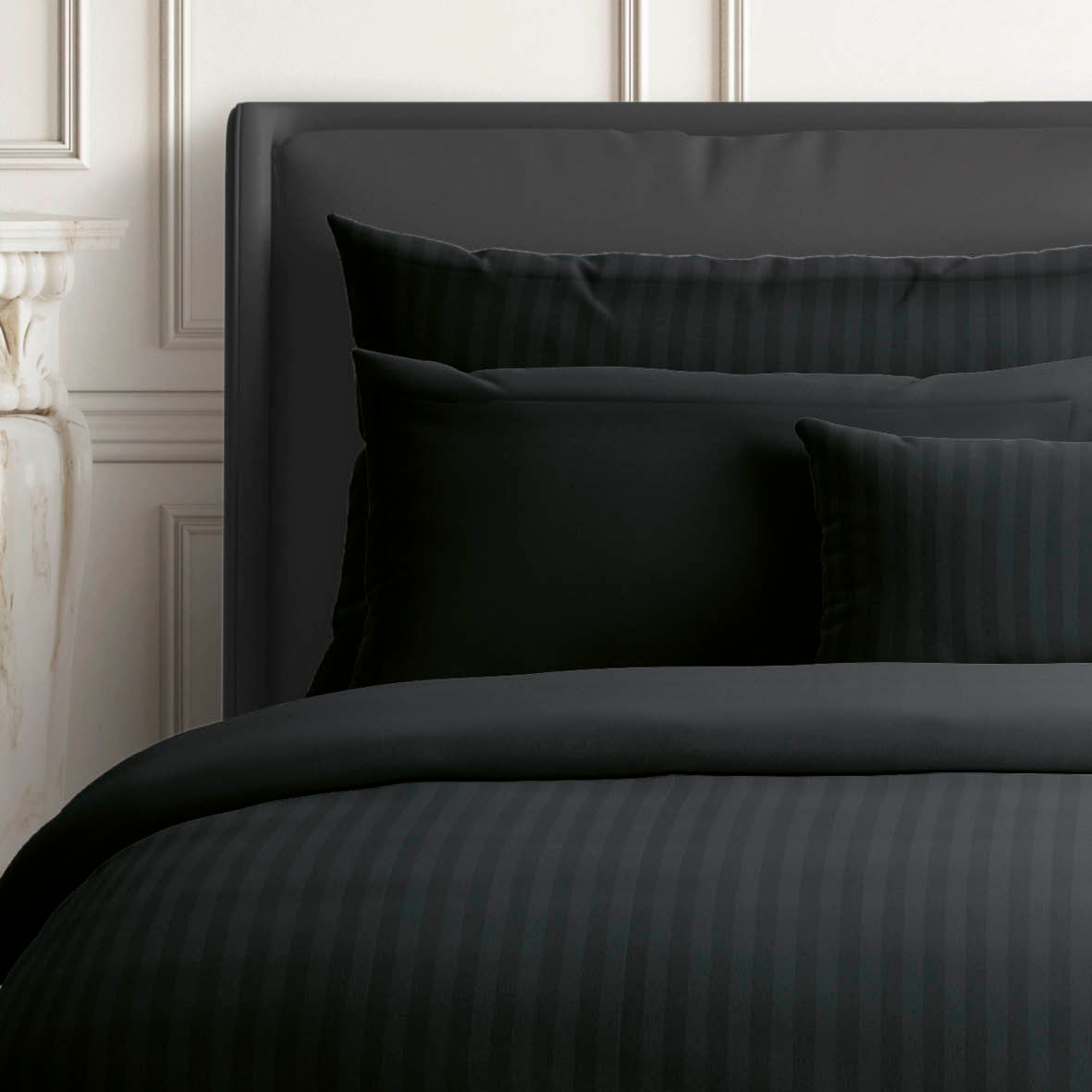 Housse de couette + taie(s) d’oreiller satin de coton rayure tissé dobby - Noir